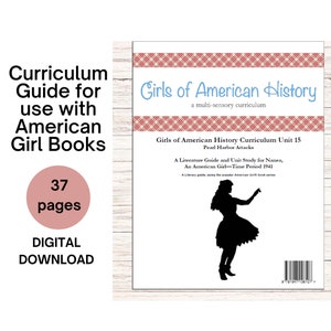 Könnte beinhalten: Ein digitaler Download-Lehrplanführer zur Verwendung mit American Girl-Büchern. Der Leitfaden umfasst 37 Seiten und zeigt eine Silhouette eines Mädchens in einem Kleid, das tanzt. Der Titel des Leitfadens lautet "Girls of American History: Pearl Harbor Attacks".