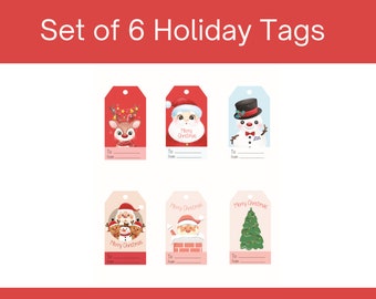 Set of 6 Christmas Tags, Holiday Gift Tags, Santa Tags, Reindeer Tags, Snowman Tags, Christmas Gift Tags, Merry Christmas, Gift Tags for Kid
