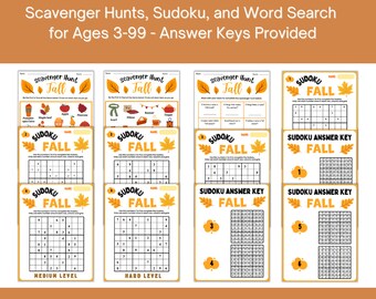 Thanksgiving Game Bundle 2-Scavenger Hunts, Sudoku and Word Searches-  Fall Holiday Games Printable Games  Printable Thanksgiving Activities