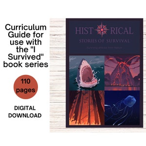 Könnte beinhalten: Ein Buchcover mit dem Titel "Historische Geschichten des Überlebens: Überleben von Angriffen der Natur". Das Cover zeigt vier Illustrationen: einen Hai mit offenem Maul, einen ausbrechenden Vulkan, einen Waldbrand und eine Qualle.