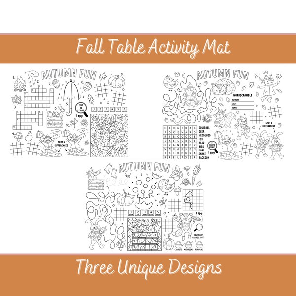 Set of Three Unique Fall Activity Table Mats - Available in Letter, Legal and A4 - Fun for all ages!