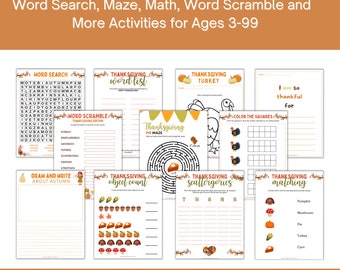 Thanksgiving Activity Bundle, Thanksgiving Games, Word Search, Thanksgiving Math Worksheets, Homeschool Worksheets, Worksheets for Kids