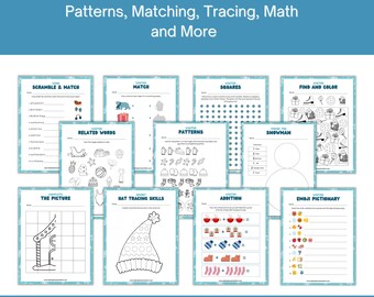May include: A set of 32 printable winter-themed activity pages for kids. The pages include activities such as matching, tracing, patterns, addition, and more. The pages are black and white and feature winter-themed illustrations.
