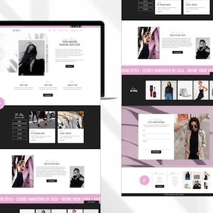 Può includere: Un computer portatile che mostra un sito web con uno schema di colori rosa e nero. Il sito web presenta un blog di moda con immagini di abbigliamento e accessori, e testo che recita "Your Style - Closet Makeover by ZAZA - Define Your Style - Closet Updates".