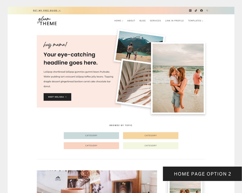 Gleam Theme - Home Page Option 2 - A Feminine Kadence Child Theme for Wordpress Websites