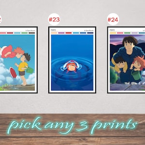 May include: Three framed art prints featuring scenes from the animated film "Ponyo." The prints showcase vibrant illustrations of characters and settings, with a color palette guide at the top of each frame. The text "pick any 3 prints" is at the bottom.