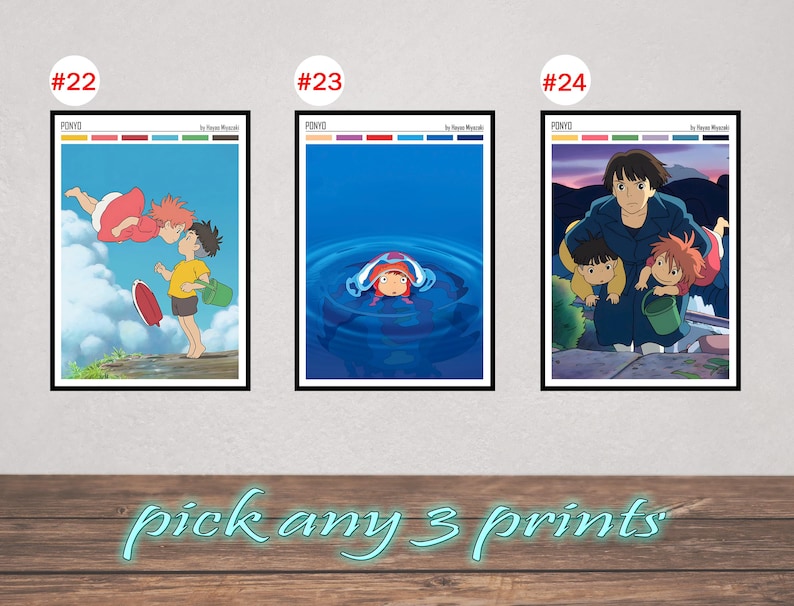 May include: Three framed art prints featuring scenes from the animated film "Ponyo." The prints showcase vibrant illustrations of characters and settings, with a color palette guide at the top of each frame. The text "pick any 3 prints" is at the bottom.