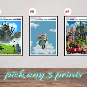 May include: Three framed art prints featuring scenes from "Howl's Moving Castle." Each print showcases different scenes with vibrant colors and detailed illustrations. The text "pick any 3 prints" is written in a cursive font below the prints.