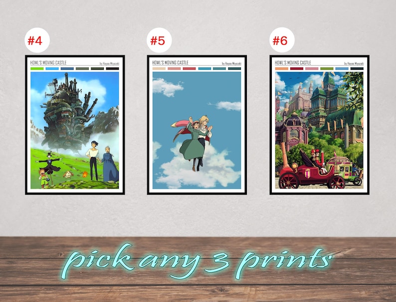 May include: Three framed art prints featuring scenes from "Howl's Moving Castle." Each print showcases different scenes with vibrant colors and detailed illustrations. The text "pick any 3 prints" is written in a cursive font below the prints.