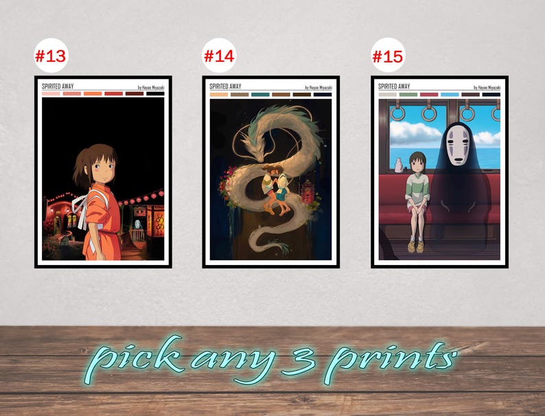 May include: Three framed art prints featuring scenes from the animated film "Spirited Away." Each print has a black frame and depicts different characters and settings. The text "pick any 3 prints" is written in a teal script font.