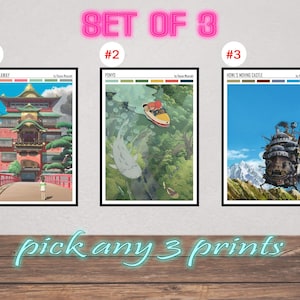 May include: A set of three framed art prints featuring scenes from animated films. The prints include images from "Spirited Away", "Ponyo", and "Howl's Moving Castle". The text "SET OF 3" and "pick any 3 prints" are displayed above and below the prints.