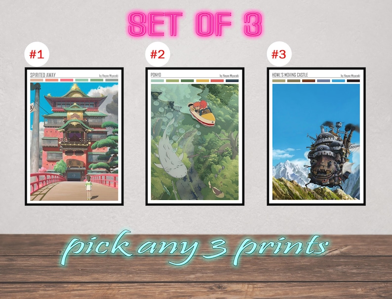 May include: A set of three framed art prints featuring scenes from animated films. The prints include images from "Spirited Away", "Ponyo", and "Howl's Moving Castle". The text "SET OF 3" and "pick any 3 prints" are displayed above and below the prints.