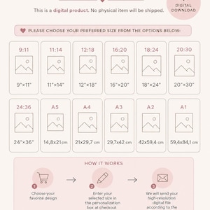 May include: A digital poster size selection guide with various aspect ratios and dimensions, including 9"x11", 11"x14", 12"x18", 16"x20", 18"x24", 20"x30", and 24"x36". The guide also includes A5, A4, A3, A2, and A1 sizes.