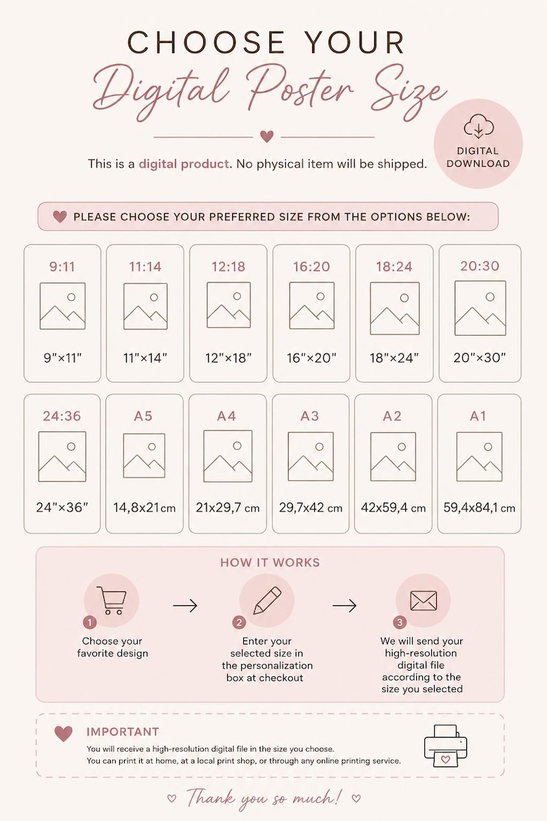 May include: A digital poster size selection guide with various aspect ratios and dimensions, including 9"x11", 11"x14", 12"x18", 16"x20", 18"x24", 20"x30", and 24"x36". The guide also includes A5, A4, A3, A2, and A1 sizes.