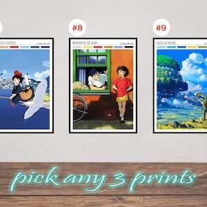 May include: Three framed art prints featuring anime scenes. The prints are titled "Kiki's Delivery Services", "Whisper of the Heart", and "Castle in the Sky". The text "pick any 3 prints" is written in a cursive font at the bottom of the image.