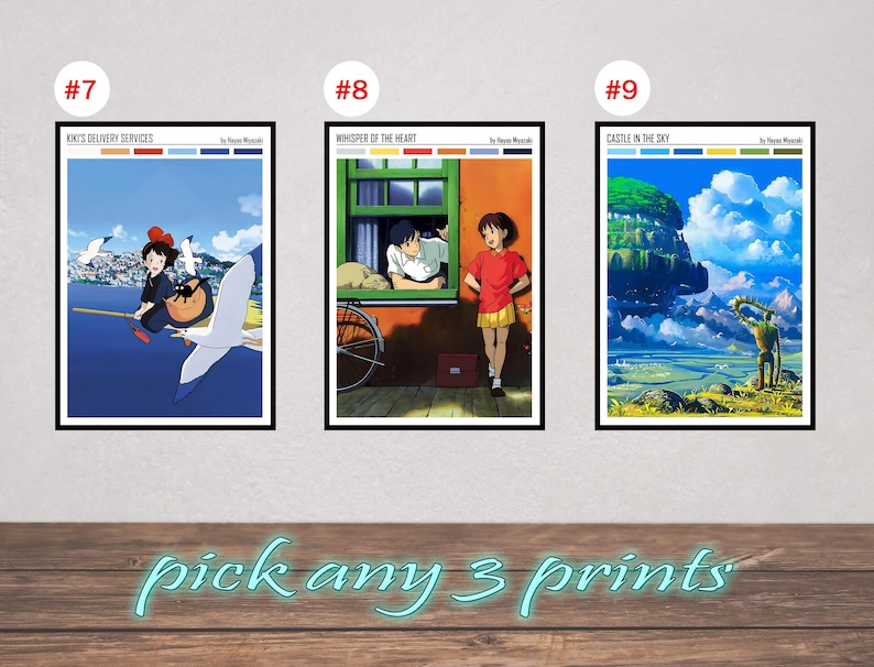 May include: Three framed art prints featuring anime scenes. The prints are titled "Kiki's Delivery Services", "Whisper of the Heart", and "Castle in the Sky". The text "pick any 3 prints" is written in a cursive font at the bottom of the image.