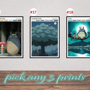 May include: Three framed art prints featuring scenes from "My Neighbor Totoro." The prints showcase the iconic characters in various settings, including a rainy forest scene and a moonlit night. The text "pick any 3 prints" is at the bottom.