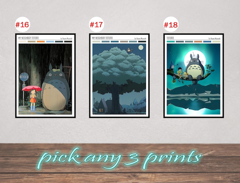 May include: Three framed art prints featuring scenes from "My Neighbor Totoro." The prints showcase the iconic characters in various settings, including a rainy forest scene and a moonlit night. The text "pick any 3 prints" is at the bottom.