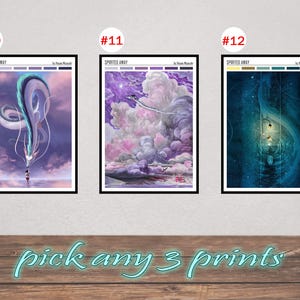 May include: Three framed art prints from the movie "Spirited Away" are displayed. Each print features a different scene with vibrant colors and detailed artwork. The text "pick any 3 prints" is written in a teal script font.