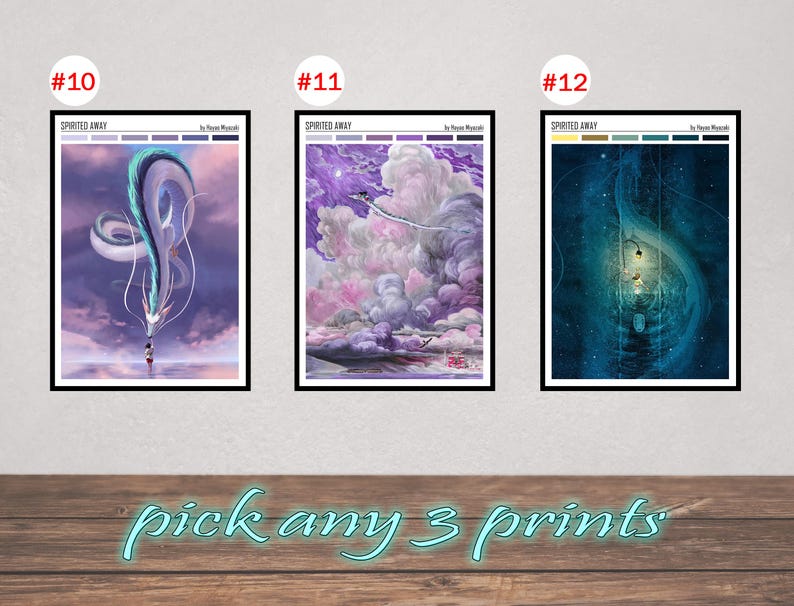 May include: Three framed art prints from the movie "Spirited Away" are displayed. Each print features a different scene with vibrant colors and detailed artwork. The text "pick any 3 prints" is written in a teal script font.
