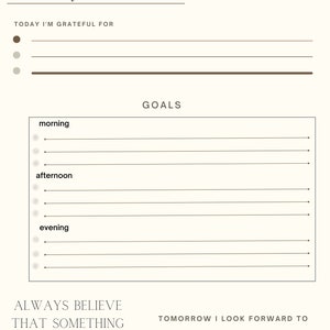 Puede incluir: Una página de diario diario imprimible con un encabezado marrón que dice "DAILY JOURNAL" y "Wednesday". La página incluye secciones para "Today I'm Grateful For", "Goals", y "Tomorrow I Look Forward To".