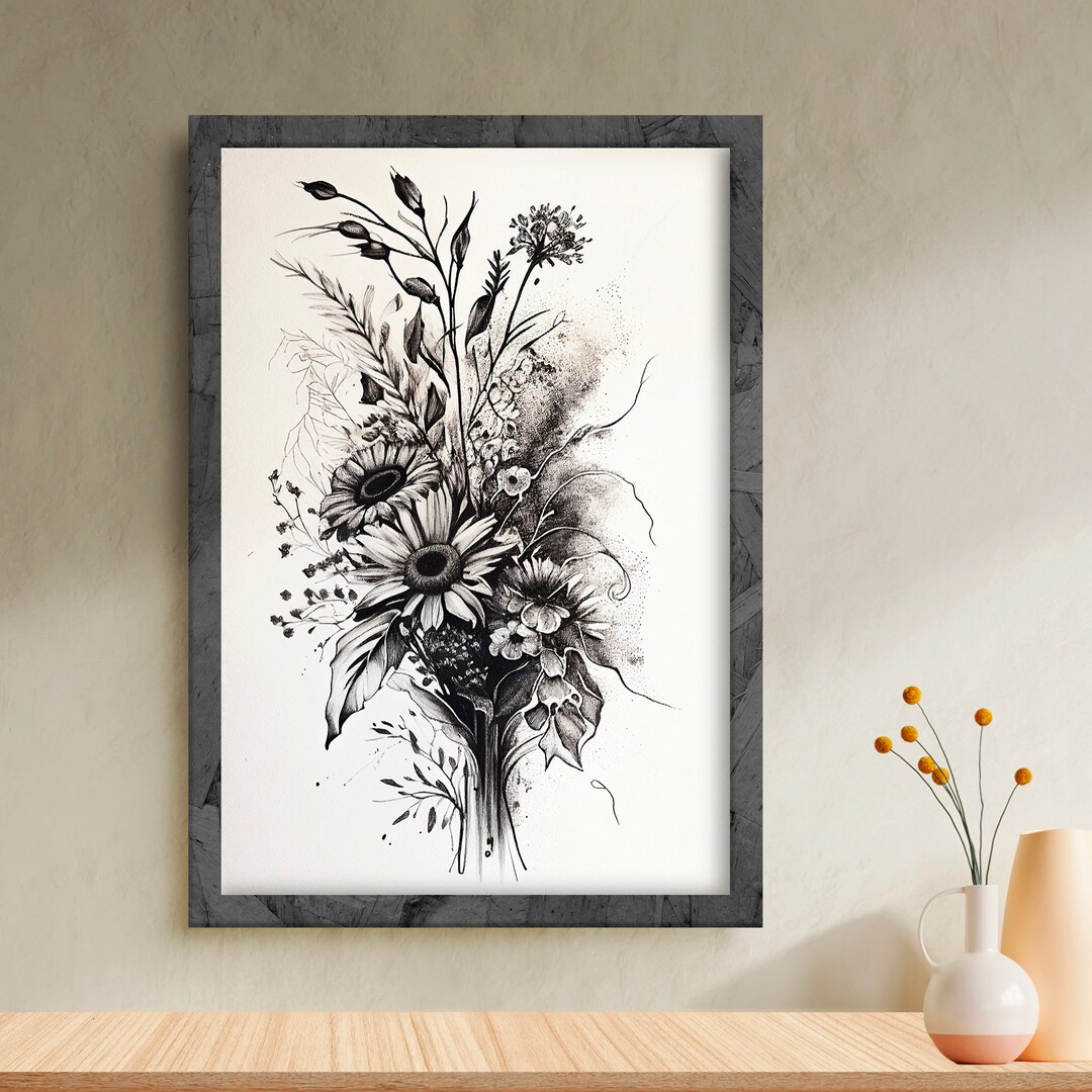 Digital Art Bouquet of Flowers Printable Wall Art Colorful Flower Drawing Detailed Living Room