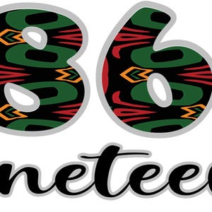 Op de afbeelding: Een grafisch ontwerp met de cijfers "1865", gevuld met een patroon van groene, rode en gele vormen. Het woord "Juneteenth" staat eronder in cursieve letters met een grijze omtrek.