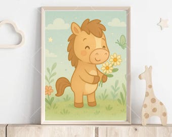 Cute animated horse children's wall art
