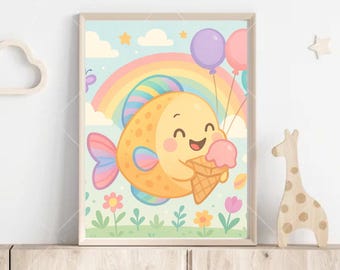 Cute animated fish children's wall art