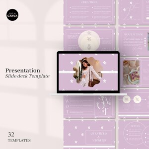 May include: A presentation template with 32 slides featuring a purple background with white floral patterns. The template includes slides for objectives, about the author, questions and answers, and a SWOT analysis.