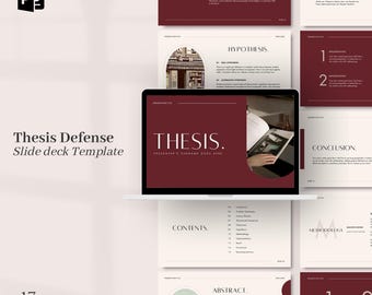 May include: A laptop computer displaying a presentation slide deck template for a thesis defense. The slide deck has a burgundy background with white text and a title slide that reads "THESIS." The slide deck also includes slides for the introduction, hypothesis, methodology, results, discussion, and conclusion.