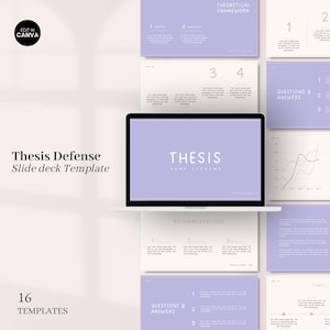 May include: A laptop screen displaying a thesis defence slide deck template with a light purple background. The template includes slides for theoretical framework, questions and answers, recommendations, and a timeline. The text "Thesis Defence Slide Deck Template" is displayed at the top of the screen.