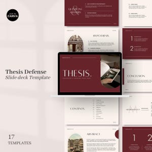 May include: A laptop computer screen displaying a presentation template for a thesis defense. The template has a burgundy background with white text and includes slides for the thesis, hypothesis, methodology, abstract, contents, conclusion, and questions and answers. The template is designed to be used for a formal academic presentation.