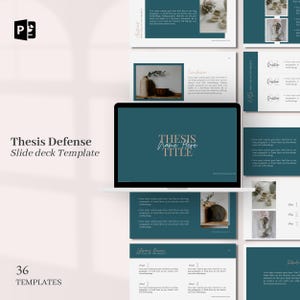 May include: A teal and white presentation slide deck template for a thesis defence. The title slide features the text "THESIS name Here TITLE" in a handwritten font. The template includes slides for an introduction, literature review, methodology, results, discussion, and conclusion.