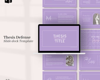 May include: A purple and white PowerPoint presentation template for a thesis defence. The template includes slides for the title, abstract, introduction, methodology, results, discussion, conclusion, and references. The template also includes a slide for a table of contents and a slide for a break.