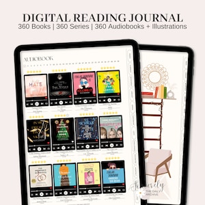 May include: A digital reading journal app interface with a list of audiobooks. The app has a dark gray background with white text and icons. The audiobooks are displayed in a grid format with a cover image, title, author, and rating. The app also has a navigation bar at the top with options for "Index", "Current", "Bookshelf", "Library", "Series", "Audiobooks", "Lists", "Challenges", "Favorites", and "Monthly".