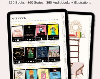 May include: A digital reading journal app interface displaying a list of audiobooks. The app has a dark grey background with white text and icons. The audiobooks are shown in a grid format with a cover image, title, author, and rating. The app also features a navigation bar at the top with options for "Index", "Current", "Bookshelf", "Library", "Series", "Audiobooks", "Lists", "Challenges", "Favourites", and "Monthly".