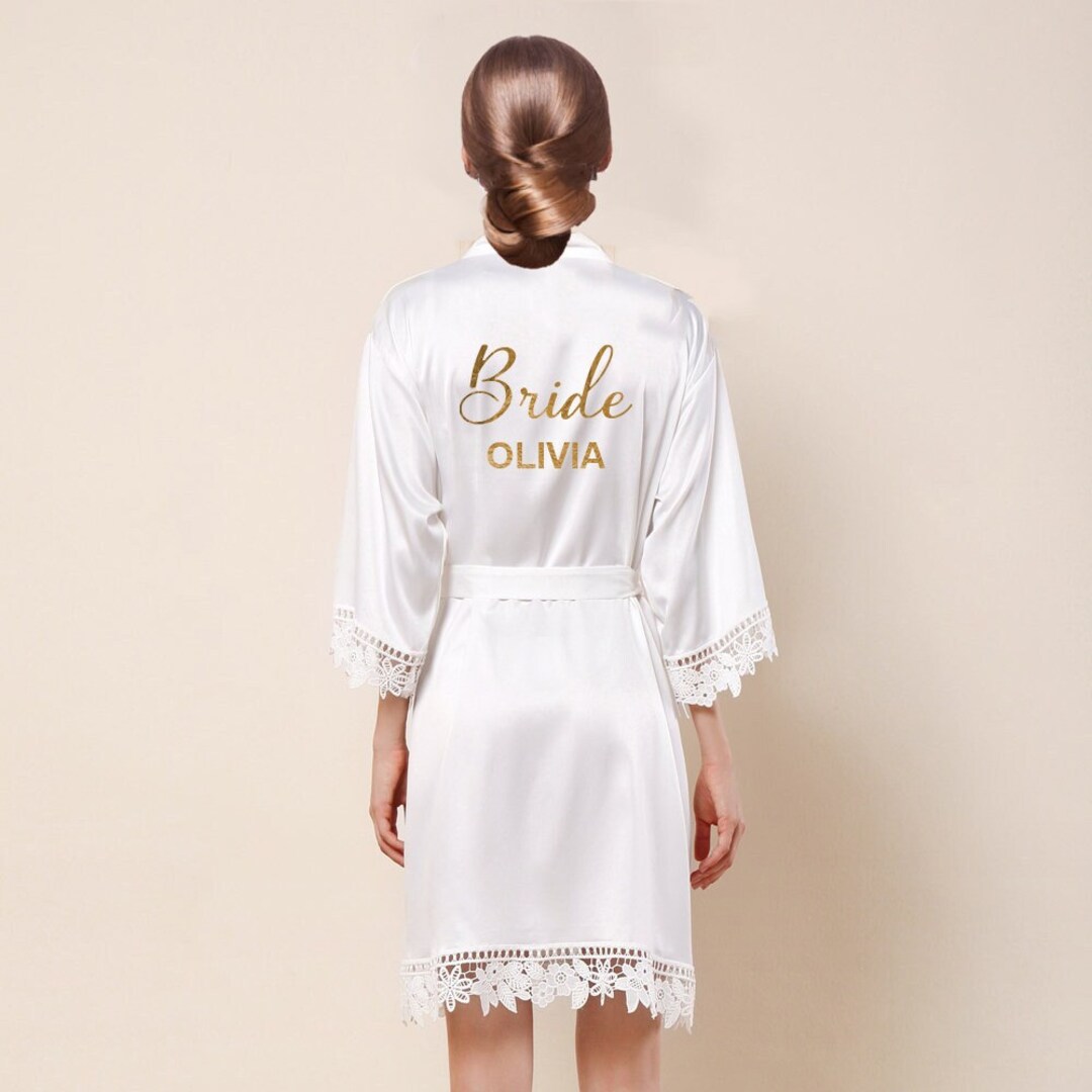 Personalized Bride Robe With Lace: Wedding Party Dressing Gown - Etsy