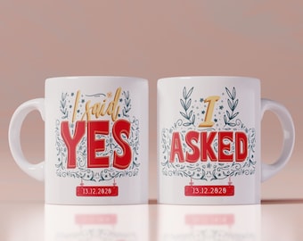 Proposal Engagement Date Mug I Asked I said Yes Wedding Proposal | Memory Mug with Date for Couple's Gift -Set of 2 Mugs