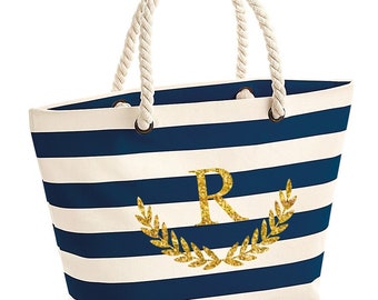 Personalized Bridesmaid Tote: Marine Stripe Rope Strap Navy Bag