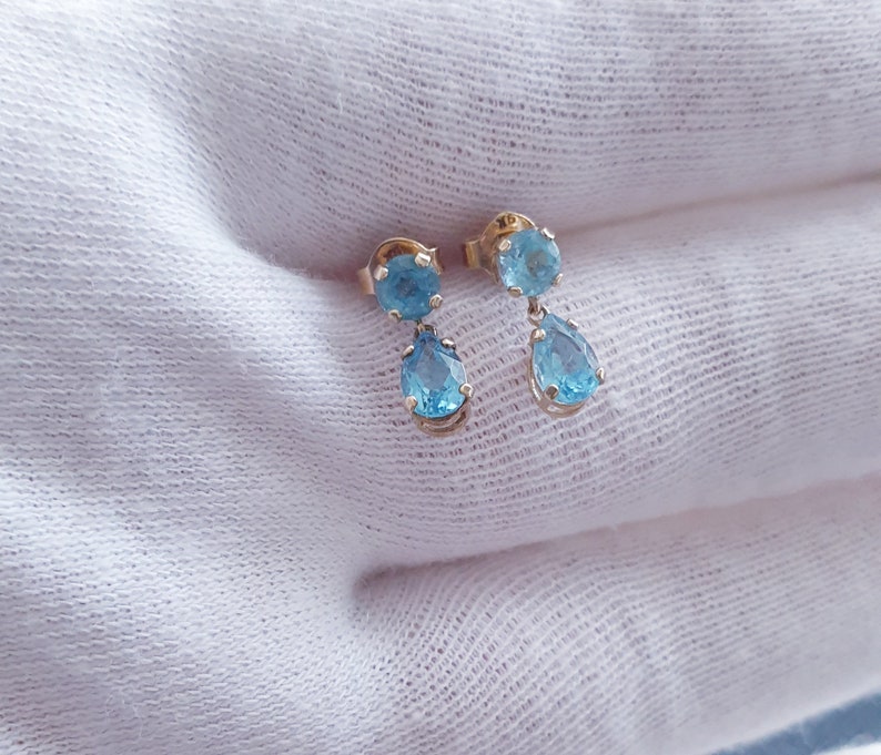 10k Yellow Gold Sky Blue Mexican Topaz Drop Stud Earrings/ Vintage Etsy