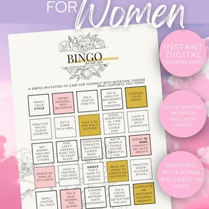 May include: A digital self-care bingo game for women, featuring a grid of wellness activities. The design includes floral accents and pink circular elements with text like "Instant Digital Download" and "Cycle-Syncing Inspired Wellness Habits."