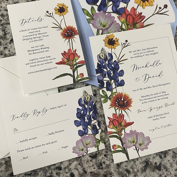 Texas Wildflower Wedding Invitation Suite Templates | 3 Piece Wedding Set | Editable Digital Templates