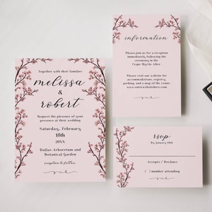 Cherry Blossom Wedding Invitation Suite Template | 3 Piece Wedding Set | Editable Digital Templates