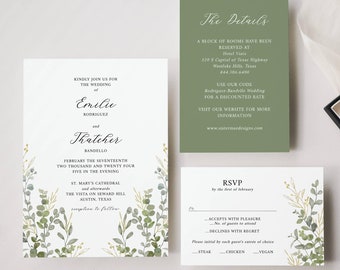 May include: Wedding invitation suite with green and gold floral designs. The invitation card features the names "Emilie Rodriguez" and "Thatcher Bandello" with the wedding date and location. The details card includes hotel information and a discount code. The RSVP card has a floral design and a section for guests to indicate their attendance and meal choice.