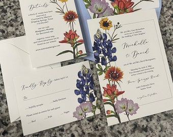 Texas Wildflower Wedding Invitation Suite Templates | 3 Piece Wedding Set | Editable Digital Templates