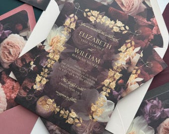 May include: Wedding invitation suite featuring a floral design with burgundy, cream, and gold accents. The invitation card includes the names Elizabeth and William, along with the wedding date and location. RSVP and envelope are also visible.