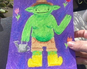 Gardener Goblin One of a Kind Oil Pastel Drawing