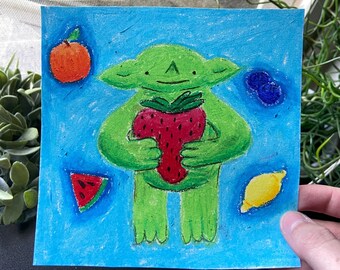 Fruit Goblin One of a Kind Oil Pastel Drawing