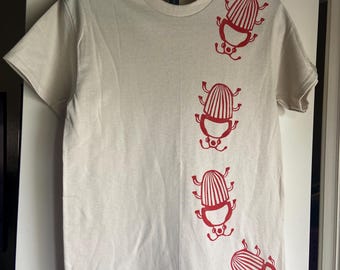 Red Walking Beetles Hand Printed T Shirt (Print on Front and Back)